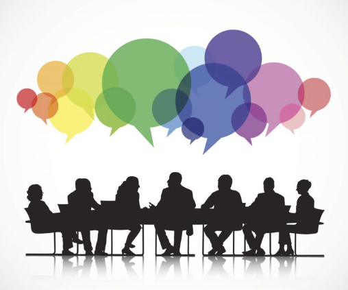 People in meeting with colourful speech bubbles above them